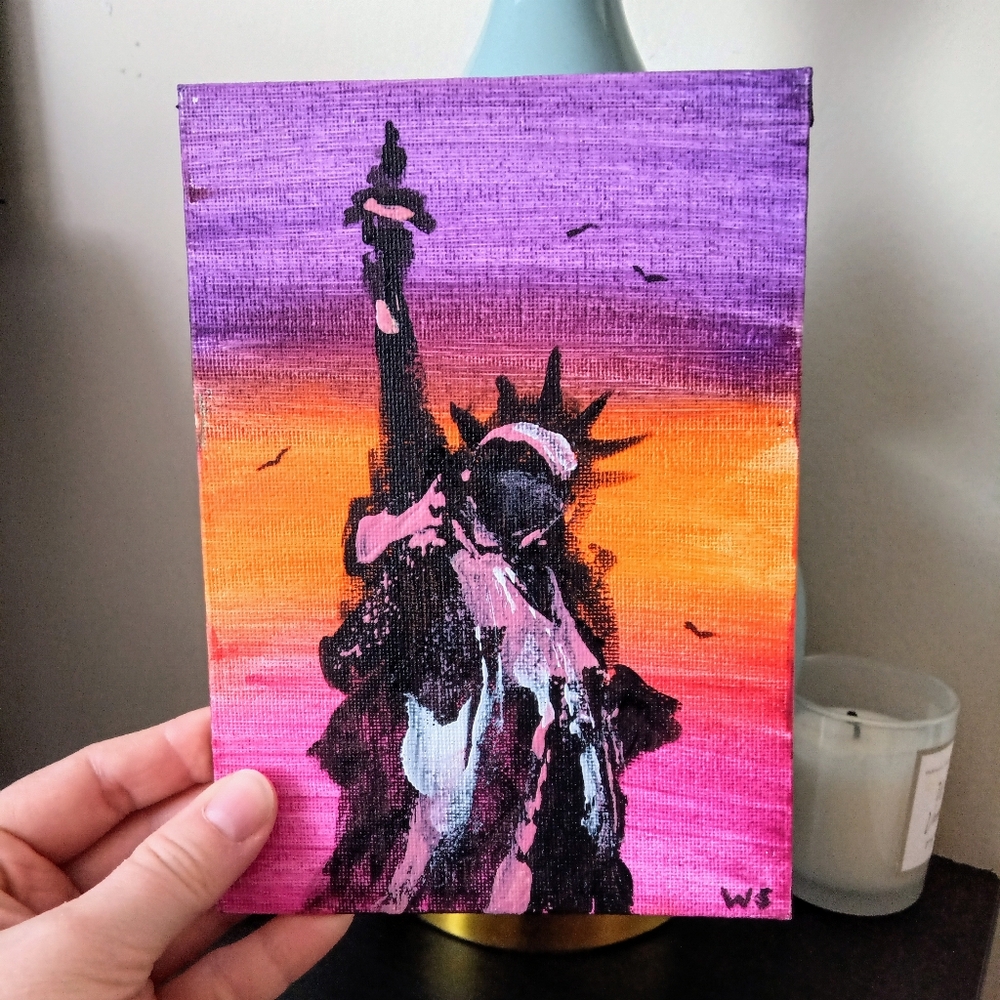 Statue of Liberty – Original Acrylic Painting 5x7 New York Art Sunset Cityscape - Picture 2 of 4